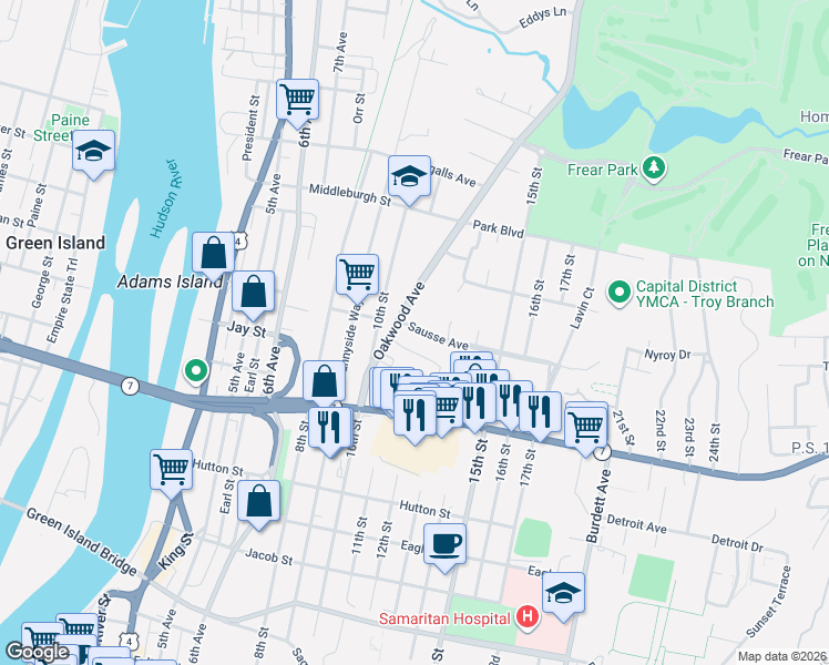 map of restaurants, bars, coffee shops, grocery stores, and more near 1220 Sausse Avenue in Troy