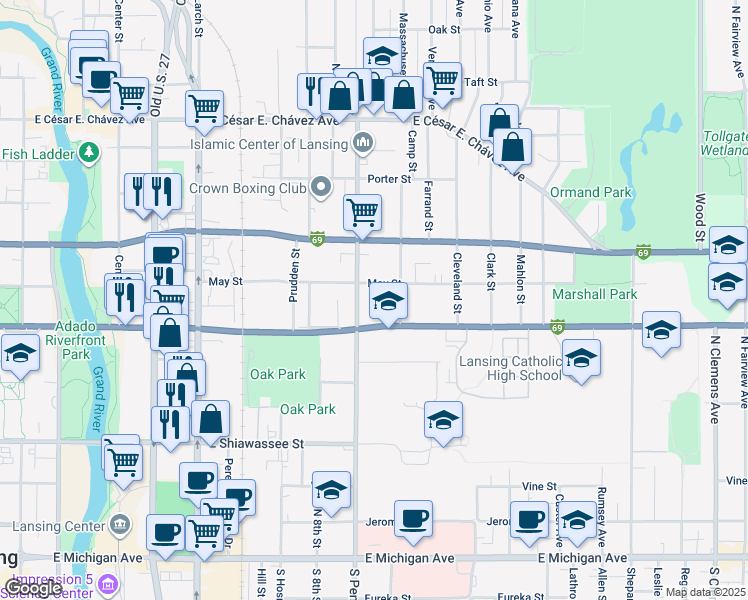 map of restaurants, bars, coffee shops, grocery stores, and more near in Lansing