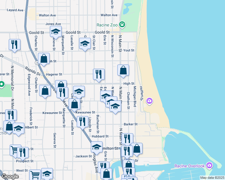 map of restaurants, bars, coffee shops, grocery stores, and more near 1620 North Wisconsin Street in Racine