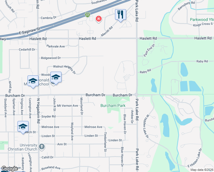 map of restaurants, bars, coffee shops, grocery stores, and more near 5520 Timberlane Street in East Lansing
