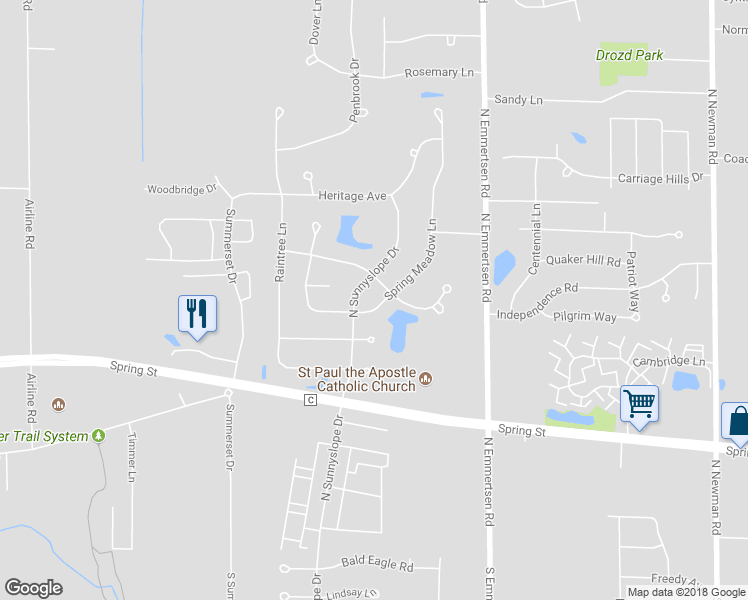 map of restaurants, bars, coffee shops, grocery stores, and more near 6516 Spring Meadow Lane in Racine