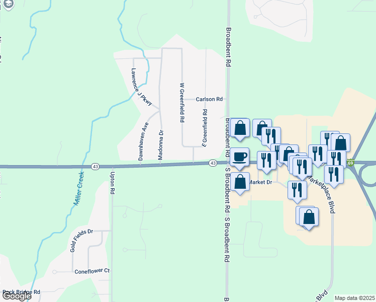 map of restaurants, bars, coffee shops, grocery stores, and more near 12103 Greenfield Drive in Lansing