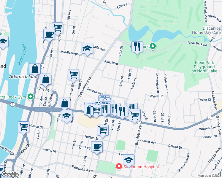 map of restaurants, bars, coffee shops, grocery stores, and more near 2519 15th Street in Troy