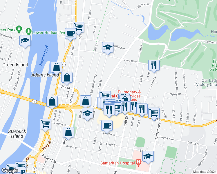 map of restaurants, bars, coffee shops, grocery stores, and more near 1300 Massachusetts Avenue in Troy