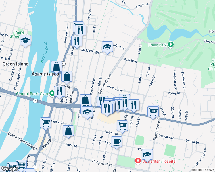 map of restaurants, bars, coffee shops, grocery stores, and more near 394 10th Street in Troy