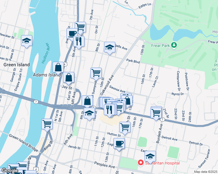 map of restaurants, bars, coffee shops, grocery stores, and more near 394 10th Street in Troy