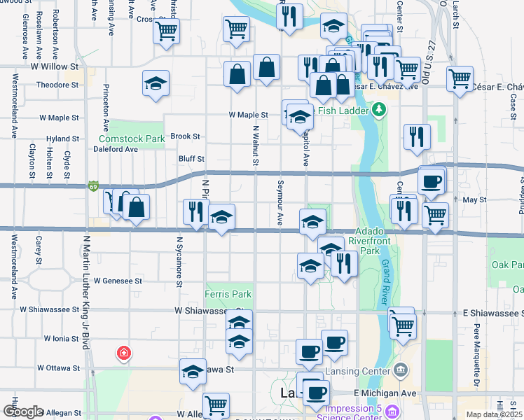 map of restaurants, bars, coffee shops, grocery stores, and more near 810 North Walnut Street in Lansing