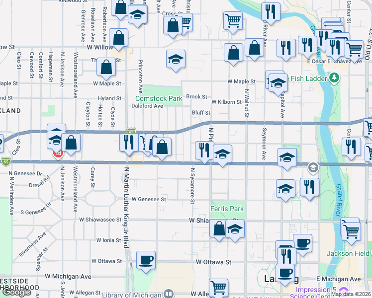 map of restaurants, bars, coffee shops, grocery stores, and more near 744 Wisconsin Avenue in Lansing