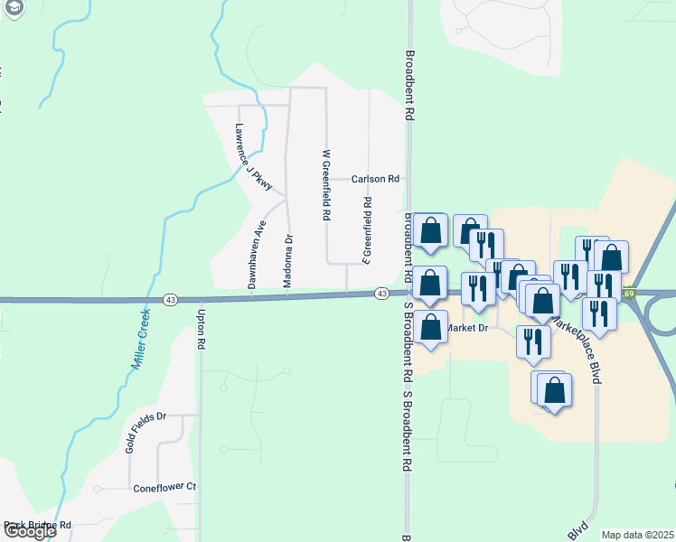 map of restaurants, bars, coffee shops, grocery stores, and more near 12103 Greenfield Drive in Lansing