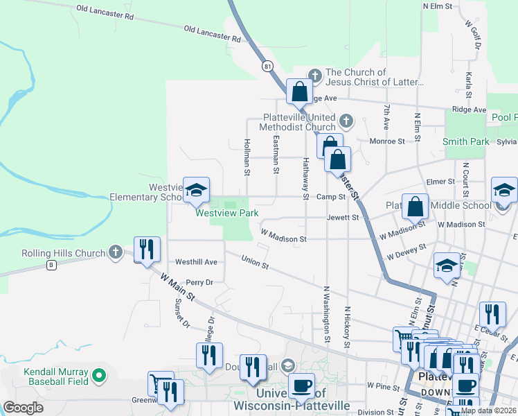 map of restaurants, bars, coffee shops, grocery stores, and more near 945 Westwood Court in Platteville