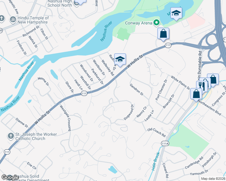 map of restaurants, bars, coffee shops, grocery stores, and more near 20 Ledgewood Hills Drive in Nashua