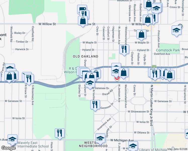 map of restaurants, bars, coffee shops, grocery stores, and more near 744 North Verlinden Avenue in Lansing