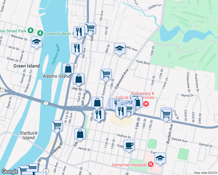 map of restaurants, bars, coffee shops, grocery stores, and more near in Troy
