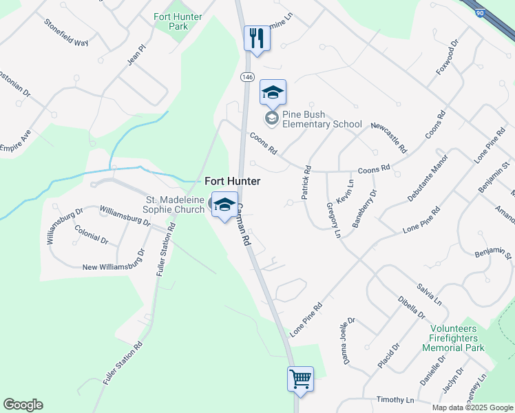 map of restaurants, bars, coffee shops, grocery stores, and more near 3485 Carman Road in Schenectady