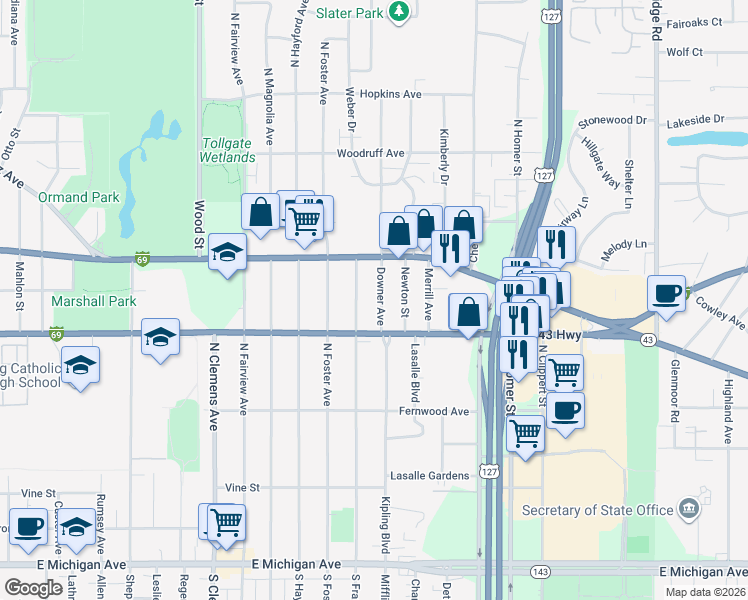 map of restaurants, bars, coffee shops, grocery stores, and more near 814 North Francis Avenue in Lansing