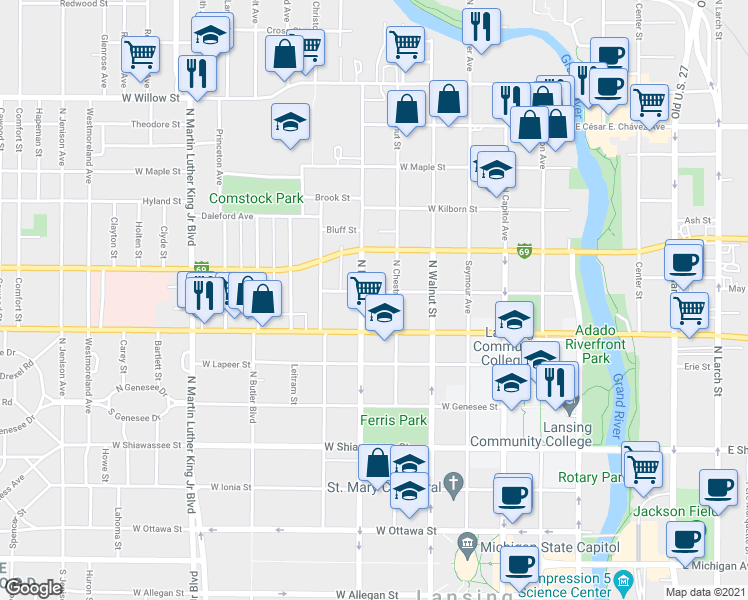 map of restaurants, bars, coffee shops, grocery stores, and more near 524 West Madison Street in Lansing