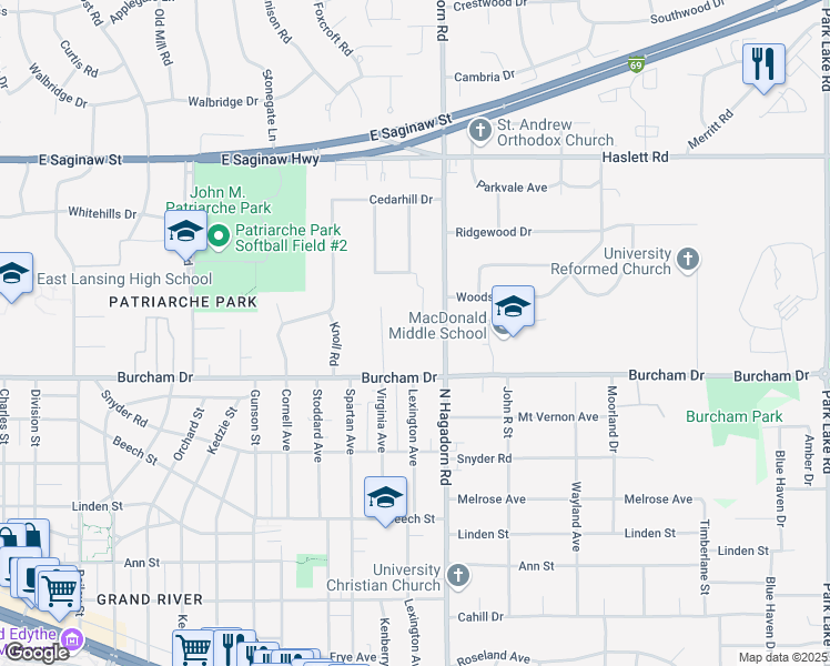 map of restaurants, bars, coffee shops, grocery stores, and more near 729 North Hagadorn Road in East Lansing