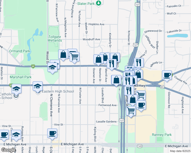 map of restaurants, bars, coffee shops, grocery stores, and more near 730 Downer Avenue in Lansing