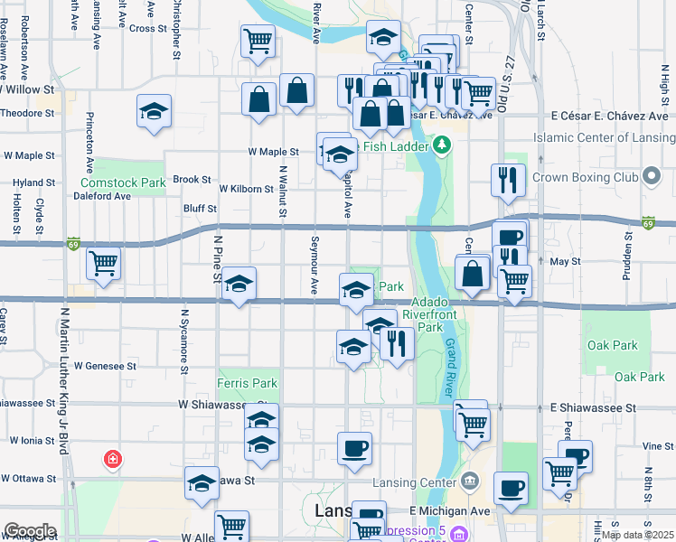 map of restaurants, bars, coffee shops, grocery stores, and more near 727 North Capitol Avenue in Lansing