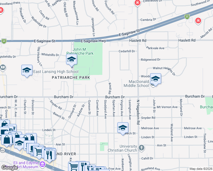 map of restaurants, bars, coffee shops, grocery stores, and more near 832 Knoll Road in East Lansing