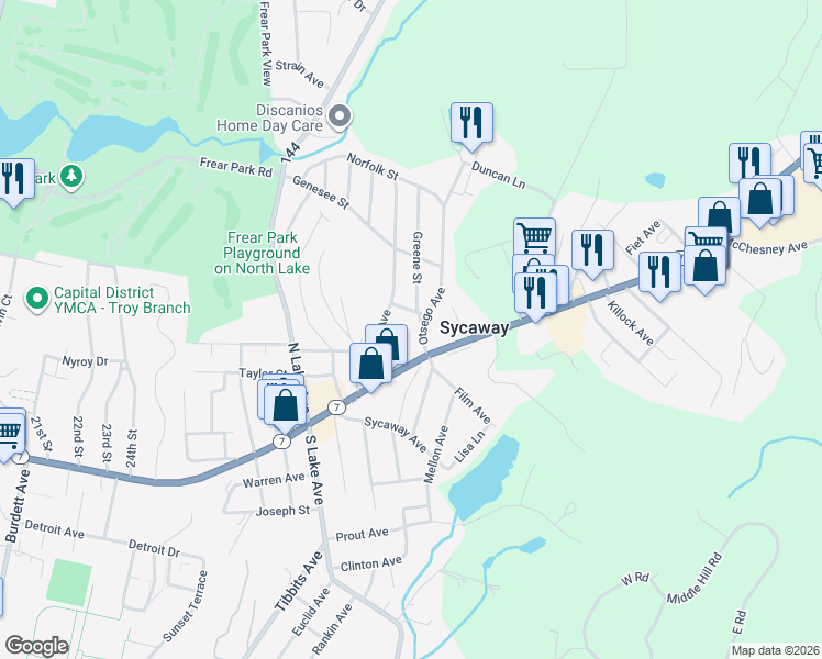 map of restaurants, bars, coffee shops, grocery stores, and more near 4 Greene Street in Troy