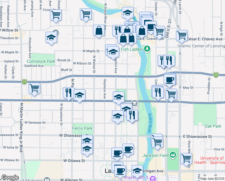 map of restaurants, bars, coffee shops, grocery stores, and more near 727 North Capitol Avenue in Lansing