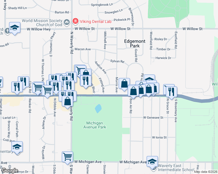 map of restaurants, bars, coffee shops, grocery stores, and more near 808 Andrus Avenue in Lansing