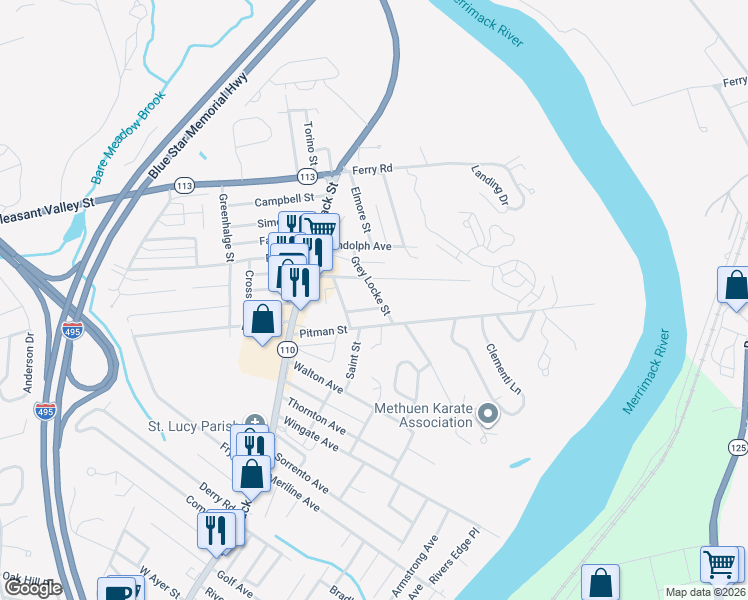 map of restaurants, bars, coffee shops, grocery stores, and more near 9 Newbury Avenue in Methuen