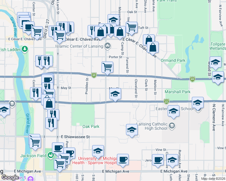 map of restaurants, bars, coffee shops, grocery stores, and more near 1017 May Street in Lansing