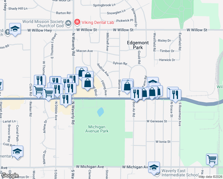 map of restaurants, bars, coffee shops, grocery stores, and more near 808 Andrus Avenue in Lansing
