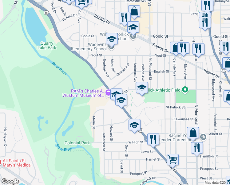 map of restaurants, bars, coffee shops, grocery stores, and more near 2635 Maple Grove Avenue in Racine
