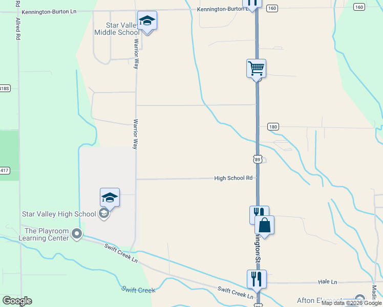 map of restaurants, bars, coffee shops, grocery stores, and more near 86307 U.S. 89 in Afton