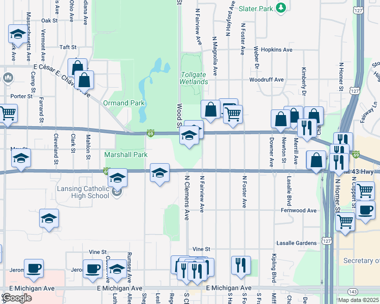 map of restaurants, bars, coffee shops, grocery stores, and more near 815 North Fairview Avenue in Lansing