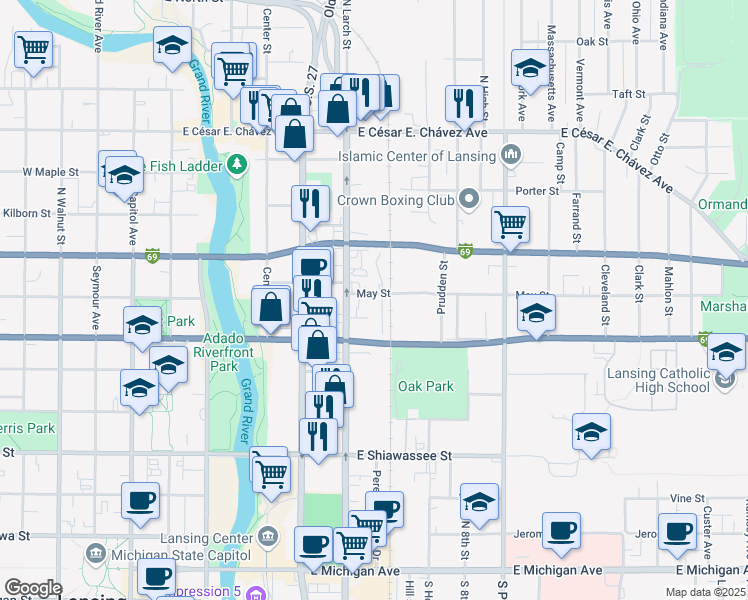 map of restaurants, bars, coffee shops, grocery stores, and more near 620 May Street in Lansing