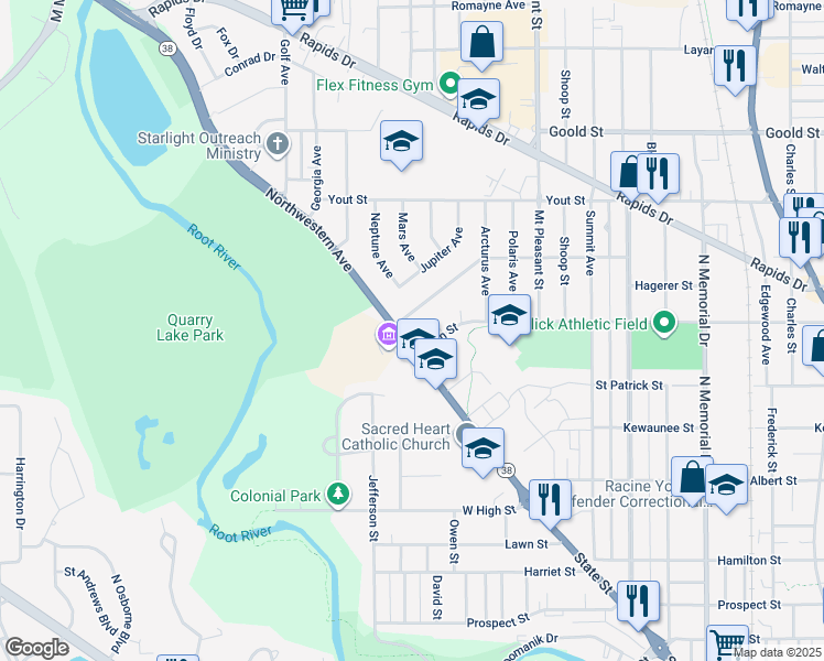 map of restaurants, bars, coffee shops, grocery stores, and more near 2518 Northwestern Avenue in Racine