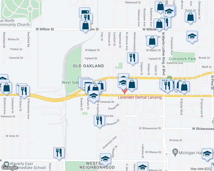 map of restaurants, bars, coffee shops, grocery stores, and more near 743 Cawood Street in Lansing