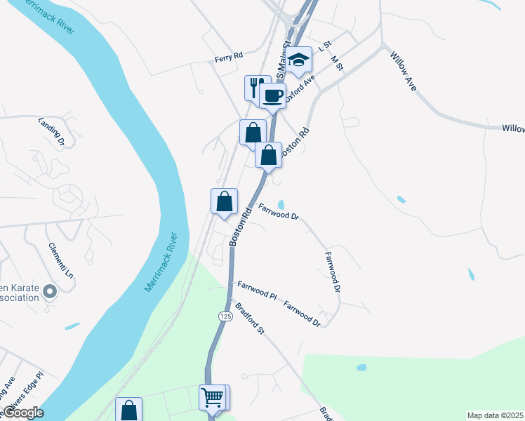 map of restaurants, bars, coffee shops, grocery stores, and more near 17 Farrwood Drive in Haverhill