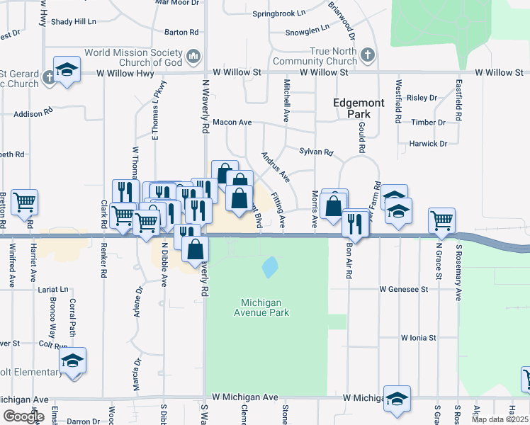 map of restaurants, bars, coffee shops, grocery stores, and more near 730 Edgemont Boulevard in Lansing