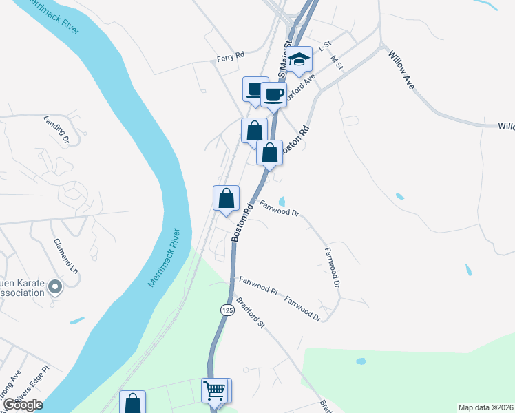 map of restaurants, bars, coffee shops, grocery stores, and more near 452 Farrwood Drive in Haverhill