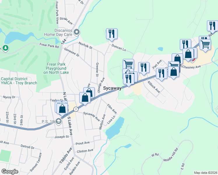 map of restaurants, bars, coffee shops, grocery stores, and more near 9 Leonard Avenue in Troy
