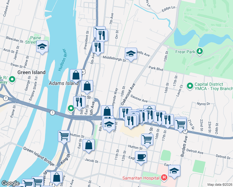 map of restaurants, bars, coffee shops, grocery stores, and more near in Troy