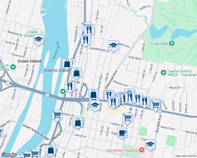 map of restaurants, bars, coffee shops, grocery stores, and more near in Troy