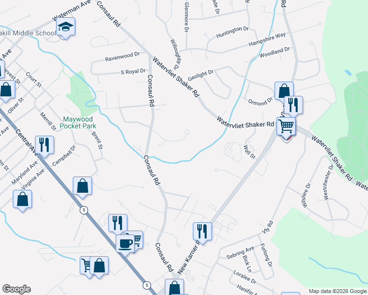 map of restaurants, bars, coffee shops, grocery stores, and more near 18 Wicken Square in Albany