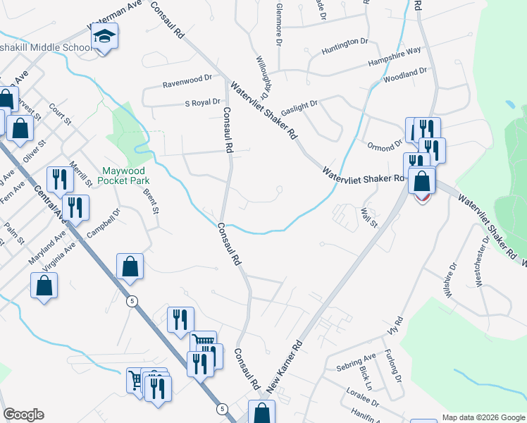 map of restaurants, bars, coffee shops, grocery stores, and more near 18 Wicken Square in Albany