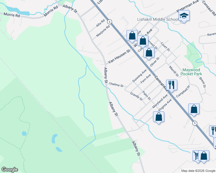 map of restaurants, bars, coffee shops, grocery stores, and more near 25 Thelma Street in Albany