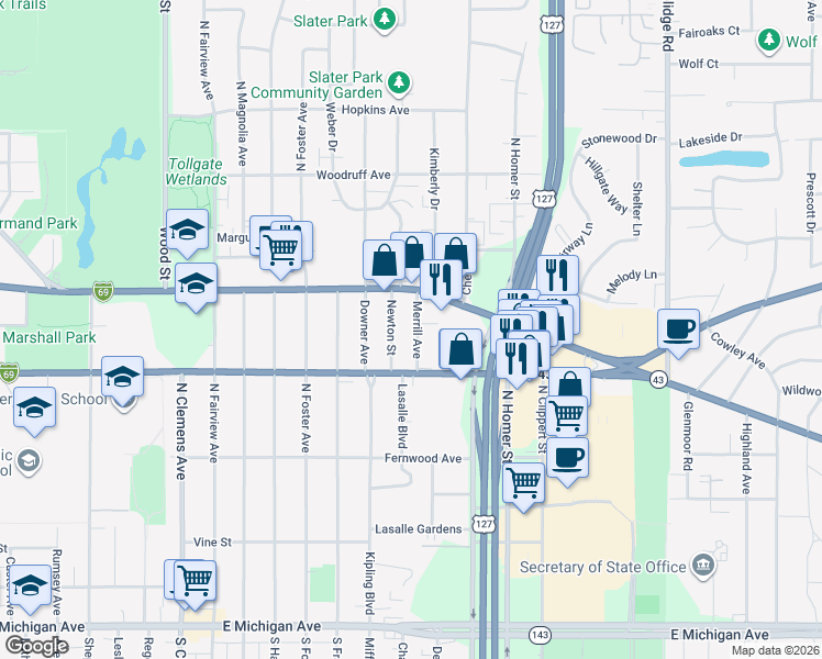 map of restaurants, bars, coffee shops, grocery stores, and more near 802 Merrill Avenue in Lansing