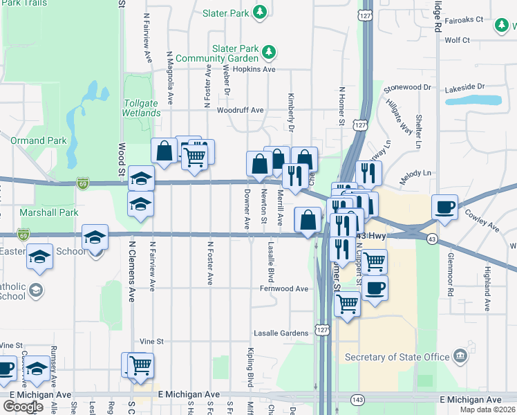 map of restaurants, bars, coffee shops, grocery stores, and more near 815 Newton Street in Lansing