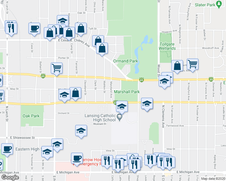 map of restaurants, bars, coffee shops, grocery stores, and more near 810 Maryland Avenue in Lansing