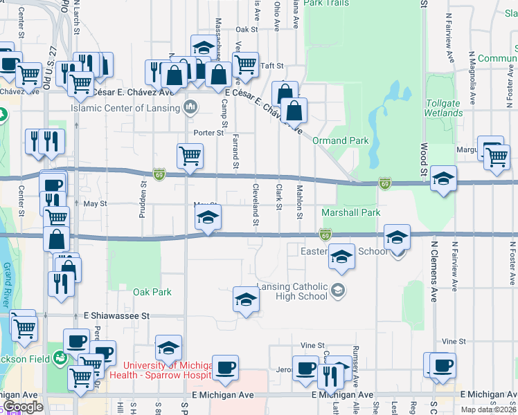 map of restaurants, bars, coffee shops, grocery stores, and more near 807 Cleveland Street in Lansing