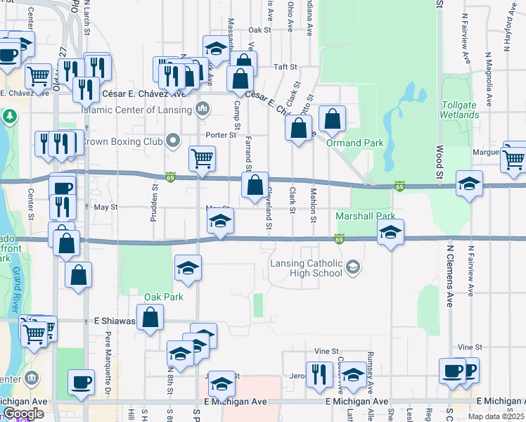 map of restaurants, bars, coffee shops, grocery stores, and more near 807 Cleveland Street in Lansing